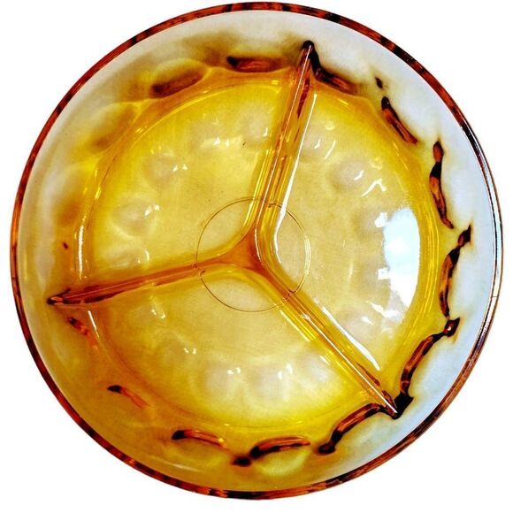 Amber Glass Vintage Divided Relish Dish - 3 Sections - "Thumbprint Pattern - Picture 2 of 3
